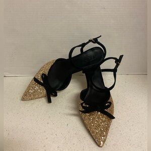 J. Crew Gold Glitter Bow Pointed-Toe Ankle Strap Kitten Heels